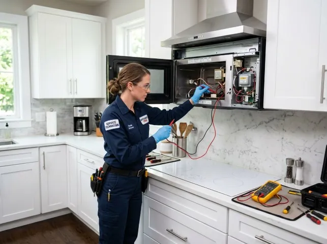 Appliance Repair Hero technician testing an over-the-range microwave in a Amston, CT kitchen